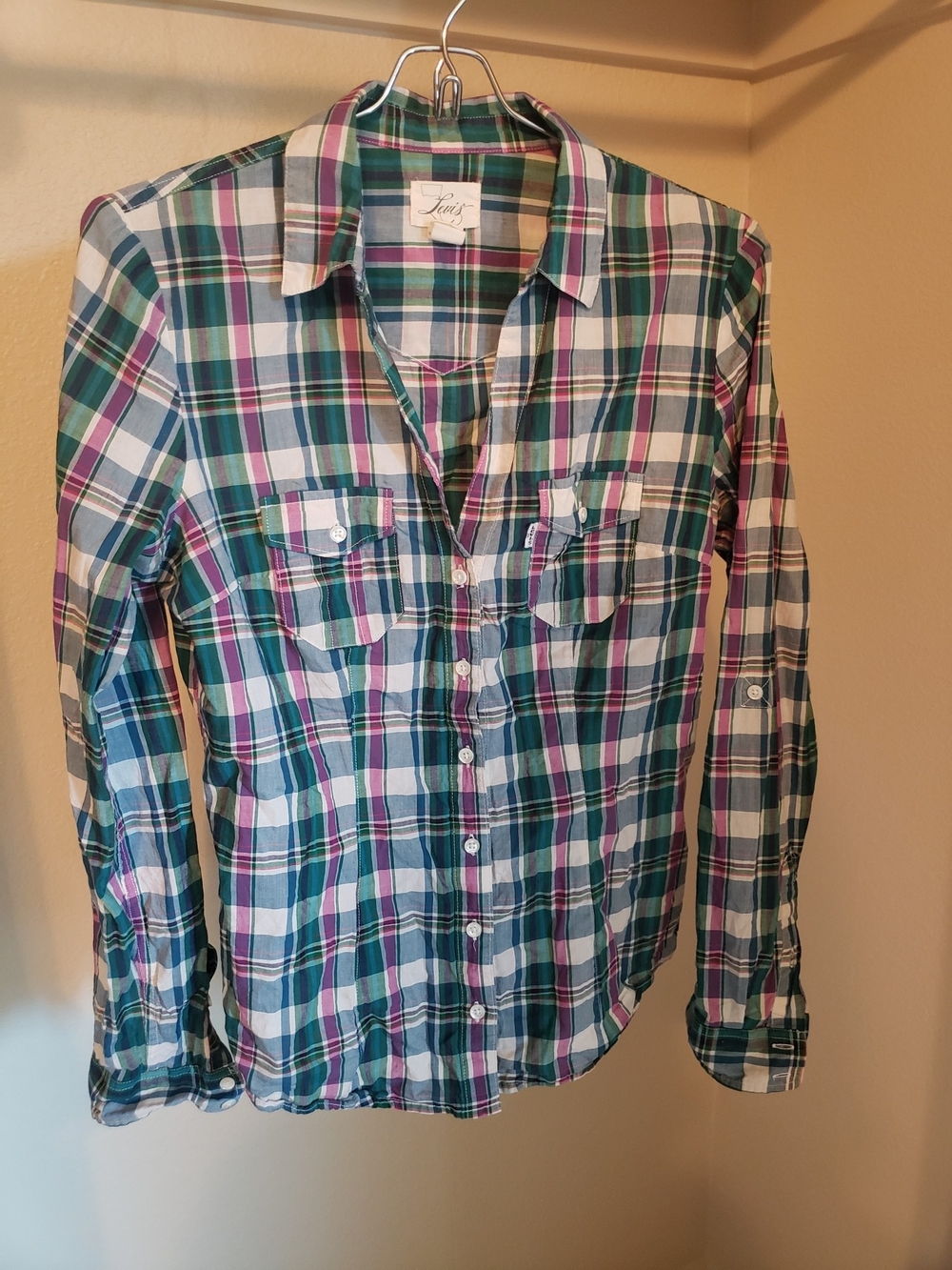 Levi's Women's Green, White & Pink Plaid Button-Down Shirt